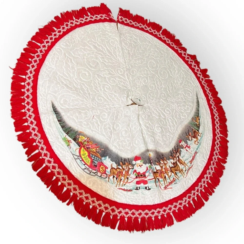 Vtg Santa North Pole Reindeer Sleigh Fringe Edge‎ Christmas Tree Felt Skirt 40